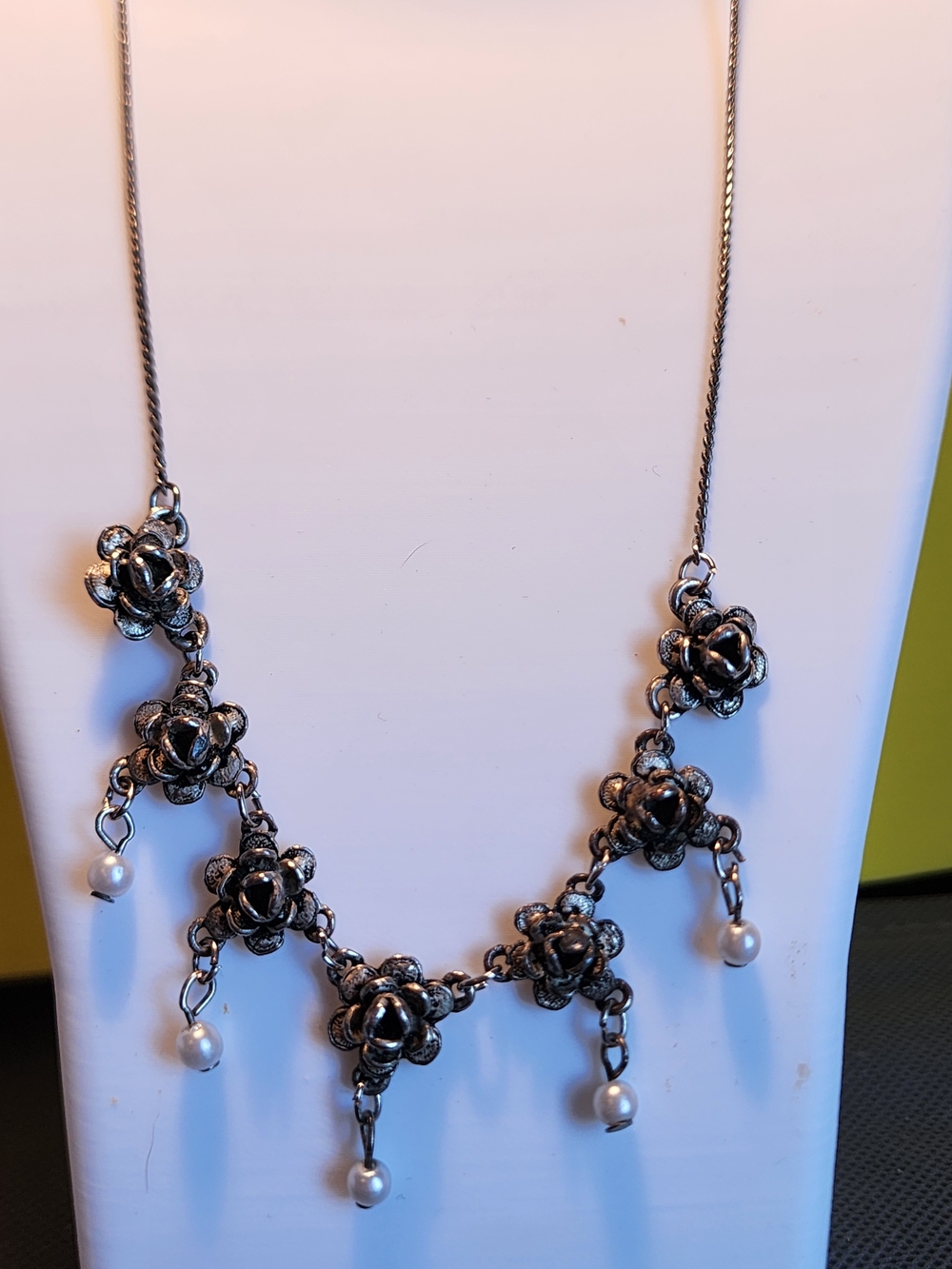 Vintage-Inspired Silver Rose & Pearl Drop Necklace
